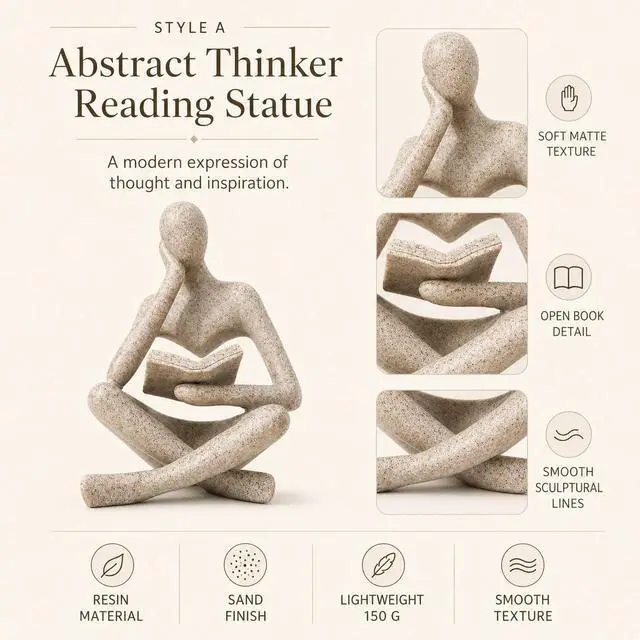 Alt view image 7 of 7 - Bookshelf Decor Thinker Statue, Sand Abstract Reading Figurine, Resin Decorative Bookend for Coffee Table, Shelf, Home Office, Library, Living Room-Gift for Book LoversZuo Si