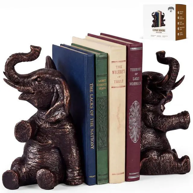 Main image of Elephant Bookends - Heavy Duty Bookends for Shelves Decorative - Gold Elephant Decor and Resin Animal Bookend - Heavy Book Ends for Kids - Vintage Unique Decorative Book Ends - 4 x 4 x 7 Inches