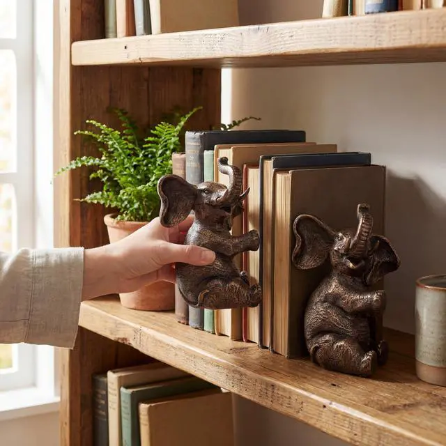 Alt view image 3 of 7 - Elephant Bookends - Heavy Duty Bookends for Shelves Decorative - Gold Elephant Decor and Resin Animal Bookend - Heavy Book Ends for Kids - Vintage Unique Decorative Book Ends - 4 x 4 x 7 Inches