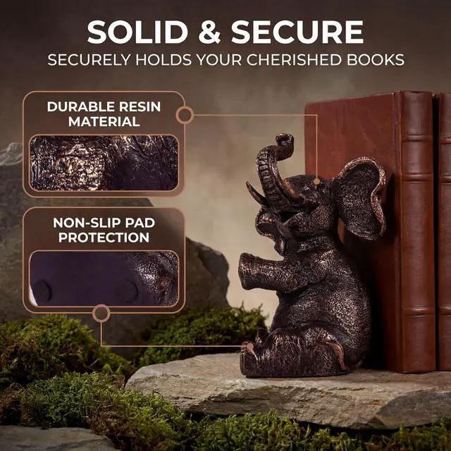Alt view image 4 of 7 - Elephant Bookends - Heavy Duty Bookends for Shelves Decorative - Gold Elephant Decor and Resin Animal Bookend - Heavy Book Ends for Kids - Vintage Unique Decorative Book Ends - 4 x 4 x 7 Inches