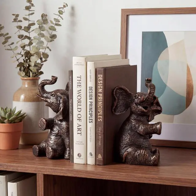Alt view image 6 of 7 - Elephant Bookends - Heavy Duty Bookends for Shelves Decorative - Gold Elephant Decor and Resin Animal Bookend - Heavy Book Ends for Kids - Vintage Unique Decorative Book Ends - 4 x 4 x 7 Inches