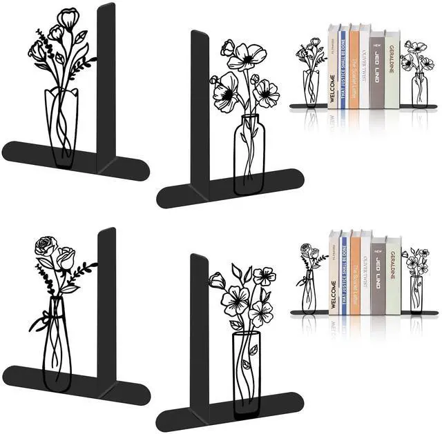 Main image of 4 Pcs Floral Metal Bookends - Flowers Book Ends for Shelves Decorative, Home Office Desk Bookshelf Decor, Gift for Floral Lovers and Reading Enthusiasts, Reading Gifts for Women
