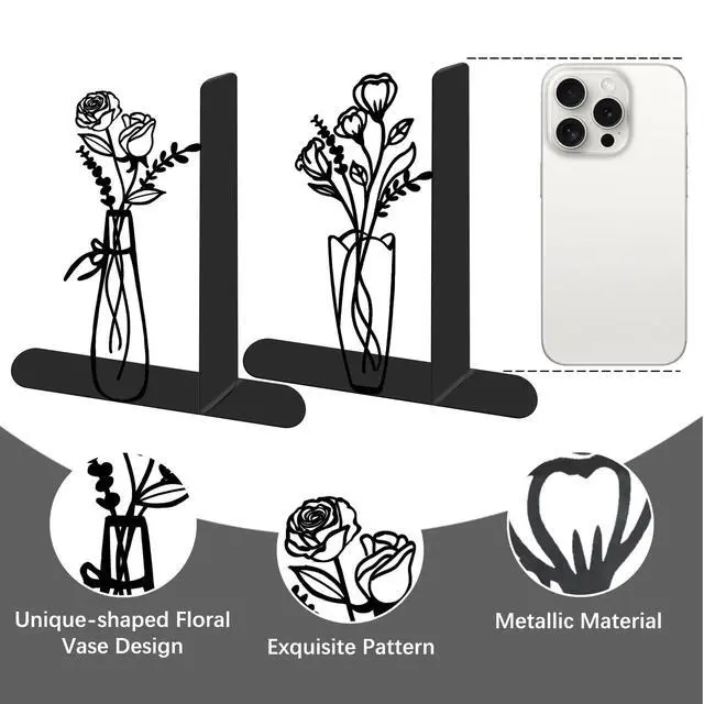 Alt view image 3 of 7 - 4 Pcs Floral Metal Bookends - Flowers Book Ends for Shelves Decorative, Home Office Desk Bookshelf Decor, Gift for Floral Lovers and Reading Enthusiasts, Reading Gifts for Women