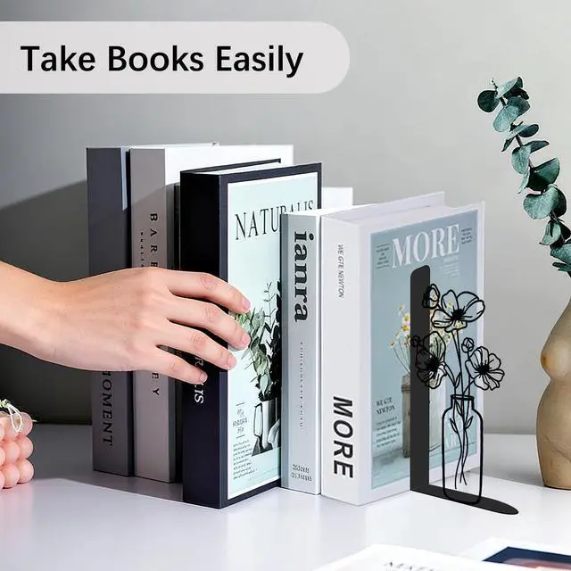 Alt view image 4 of 7 - 4 Pcs Floral Metal Bookends - Flowers Book Ends for Shelves Decorative, Home Office Desk Bookshelf Decor, Gift for Floral Lovers and Reading Enthusiasts, Reading Gifts for Women