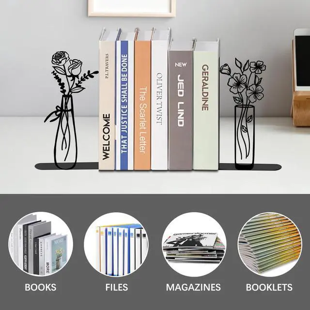 Alt view image 6 of 7 - 4 Pcs Floral Metal Bookends - Flowers Book Ends for Shelves Decorative, Home Office Desk Bookshelf Decor, Gift for Floral Lovers and Reading Enthusiasts, Reading Gifts for Women