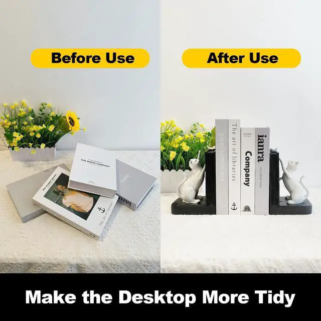 Alt view image 2 of 7 - Decorative Bookends, Heavy Duty Resin Cat Bookends, Non-Skid Bookshelf Stopper, Cute Cat Figures for Shelves, Study, Office Desk (White, 1 Piece)