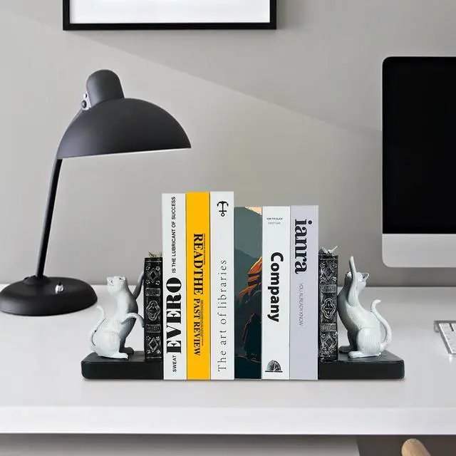 Alt view image 3 of 7 - Decorative Bookends, Heavy Duty Resin Cat Bookends, Non-Skid Bookshelf Stopper, Cute Cat Figures for Shelves, Study, Office Desk (White, 1 Piece)