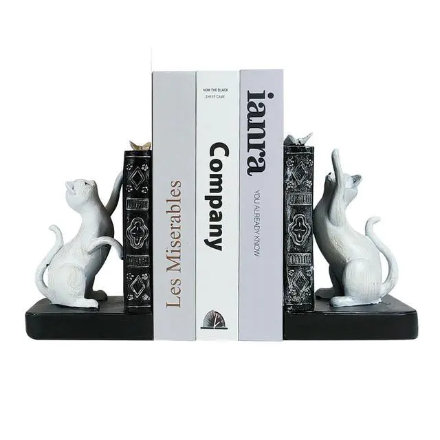 Main image of Decorative Bookends, Heavy Duty Resin Cat Bookends, Non-Skid Bookshelf Stopper, Cute Cat Figures for Shelves, Study, Office Desk (White, 1 Piece)