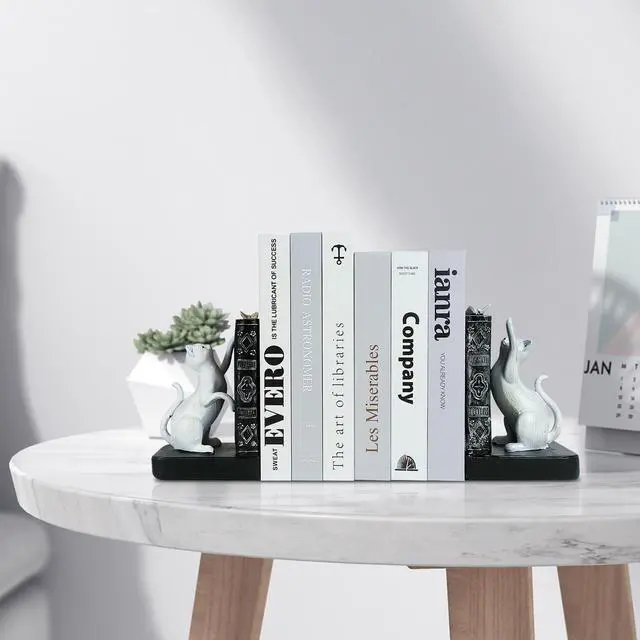 Alt view image 5 of 7 - Decorative Bookends, Heavy Duty Resin Cat Bookends, Non-Skid Bookshelf Stopper, Cute Cat Figures for Shelves, Study, Office Desk (White, 1 Piece)