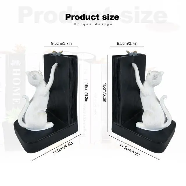 Alt view image 6 of 7 - Decorative Bookends, Heavy Duty Resin Cat Bookends, Non-Skid Bookshelf Stopper, Cute Cat Figures for Shelves, Study, Office Desk (White, 1 Piece)