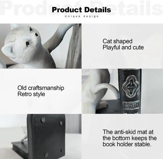 Alt view image 7 of 7 - Decorative Bookends, Heavy Duty Resin Cat Bookends, Non-Skid Bookshelf Stopper, Cute Cat Figures for Shelves, Study, Office Desk (White, 1 Piece)