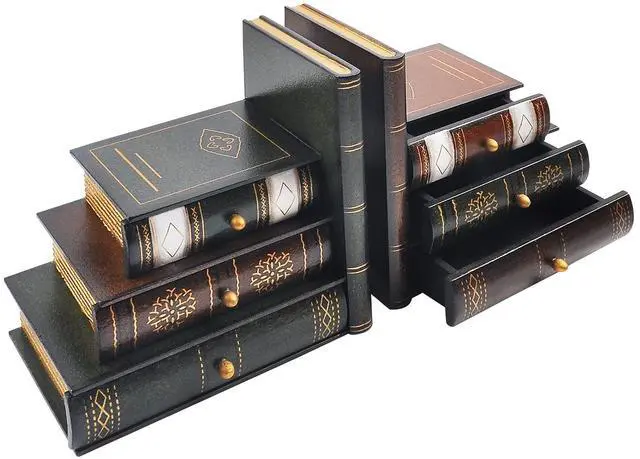 Main image of Vintage Wooden Bookends with Drawers Decorative False Book Shelf Organizer for Home, Office, or Library (311)