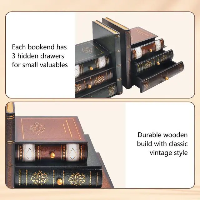 Alt view image 3 of 7 - Vintage Wooden Bookends with Drawers Decorative False Book Shelf Organizer for Home, Office, or Library (311)