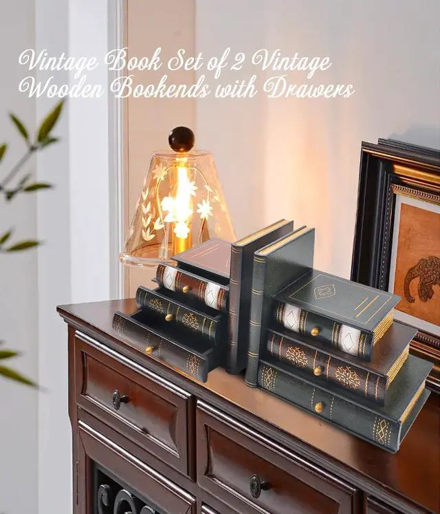 Alt view image 2 of 7 - Vintage Wooden Bookends with Drawers Decorative False Book Shelf Organizer for Home, Office, or Library (311)