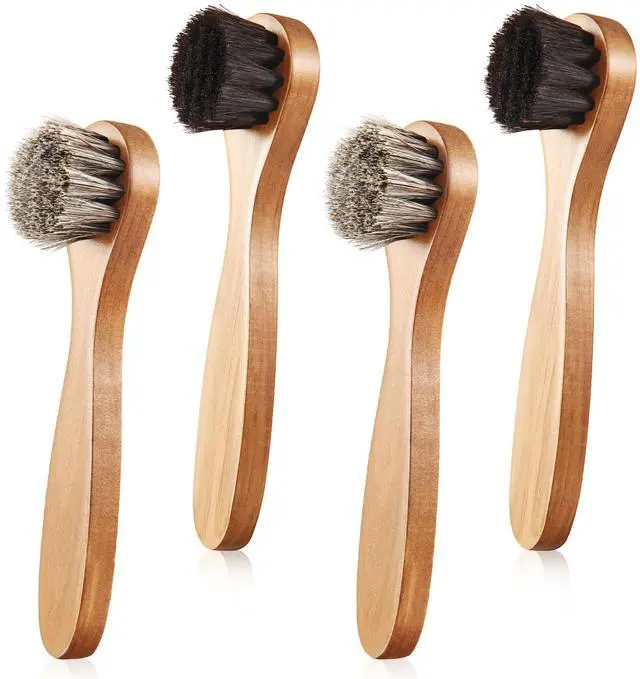 Main image of 4 Pcs Horsehair Shine Shoes Brush Kit Polish Dauber Applicators Cleaning Leather Shoes Boots Care Brushes Suede Cleaner Brush with Microfiber Shoe Cloth(Wooden Handle B)