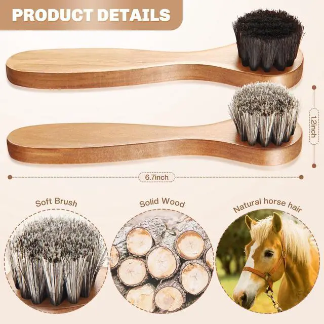 Alt view image 2 of 7 - 4 Pcs Horsehair Shine Shoes Brush Kit Polish Dauber Applicators Cleaning Leather Shoes Boots Care Brushes Suede Cleaner Brush with Microfiber Shoe Cloth(Wooden Handle B)