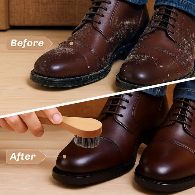 Alt view image 4 of 7 - 4 Pcs Horsehair Shine Shoes Brush Kit Polish Dauber Applicators Cleaning Leather Shoes Boots Care Brushes Suede Cleaner Brush with Microfiber Shoe Cloth(Wooden Handle B)