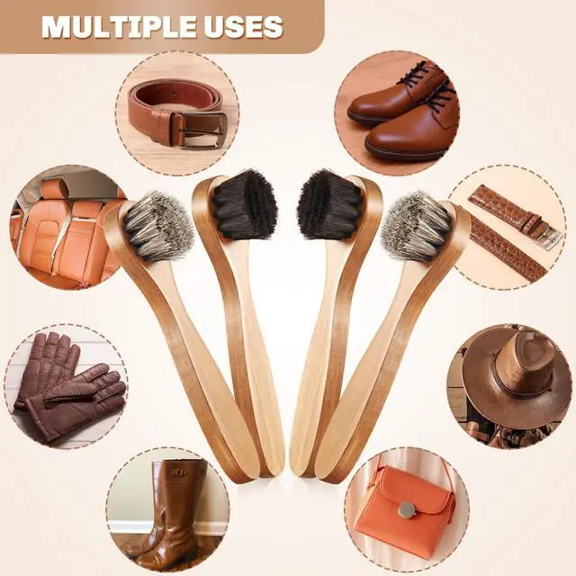 Alt view image 6 of 7 - 4 Pcs Horsehair Shine Shoes Brush Kit Polish Dauber Applicators Cleaning Leather Shoes Boots Care Brushes Suede Cleaner Brush with Microfiber Shoe Cloth(Wooden Handle B)
