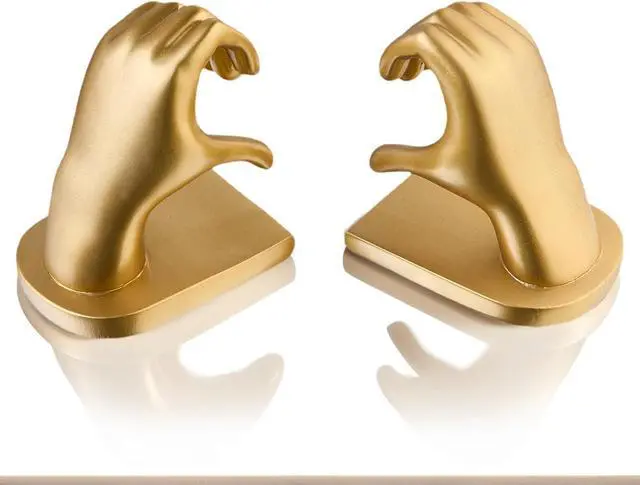 Alt view image 2 of 7 - 2Pcs Gold Heart Hands Book Ends, Non-Slip Heavy Duty Bookends for Shelves | Unique Sculptural Book Stopper for Home Bedroom, Living Room & Office Desk Decor