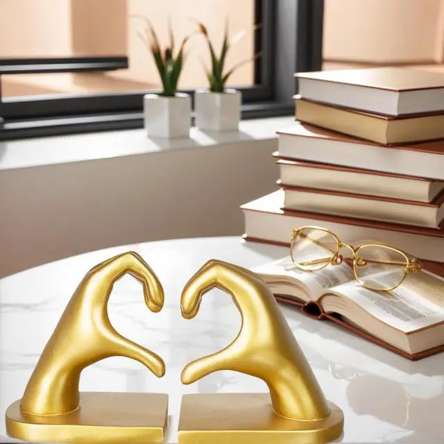Alt view image 6 of 7 - 2Pcs Gold Heart Hands Book Ends, Non-Slip Heavy Duty Bookends for Shelves | Unique Sculptural Book Stopper for Home Bedroom, Living Room & Office Desk Decor
