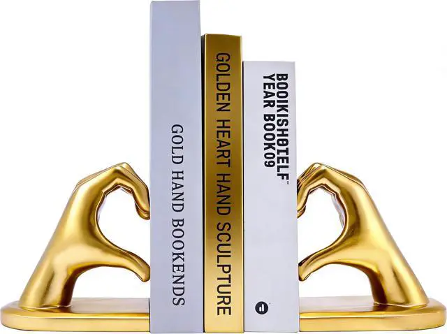 Alt view image 5 of 7 - 2Pcs Gold Heart Hands Book Ends, Non-Slip Heavy Duty Bookends for Shelves | Unique Sculptural Book Stopper for Home Bedroom, Living Room & Office Desk Decor