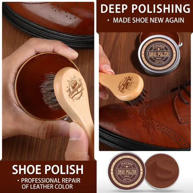 Alt view image 3 of 7 - 12 PCS Shoe Polish Kit - Horsehair Brushes, Black Brown Neutral Polish,Mink Oil Conditioner for Shoes,Polishing Cloth, Leather Boots Shine Care Kit Gift for Men Cowboy Husband Dad