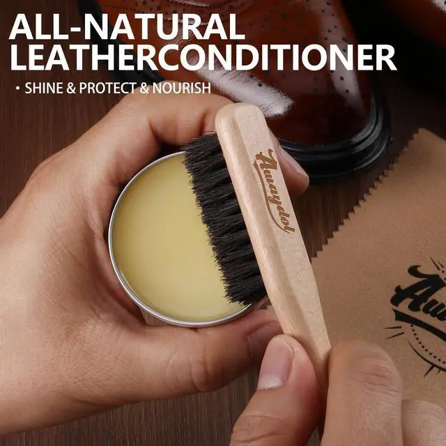 Alt view image 4 of 7 - 12 PCS Shoe Polish Kit - Horsehair Brushes, Black Brown Neutral Polish,Mink Oil Conditioner for Shoes,Polishing Cloth, Leather Boots Shine Care Kit Gift for Men Cowboy Husband Dad