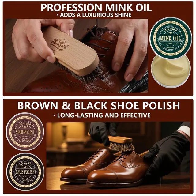 Alt view image 5 of 7 - 12 PCS Shoe Polish Kit - Horsehair Brushes, Black Brown Neutral Polish,Mink Oil Conditioner for Shoes,Polishing Cloth, Leather Boots Shine Care Kit Gift for Men Cowboy Husband Dad
