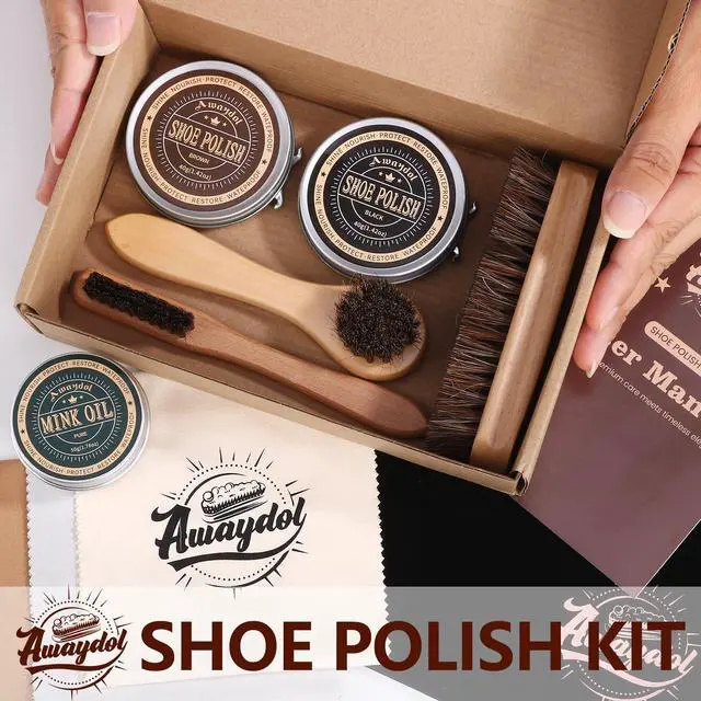 Alt view image 6 of 7 - 12 PCS Shoe Polish Kit - Horsehair Brushes, Black Brown Neutral Polish,Mink Oil Conditioner for Shoes,Polishing Cloth, Leather Boots Shine Care Kit Gift for Men Cowboy Husband Dad