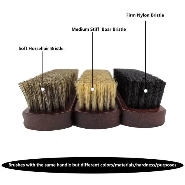 Alt view image 3 of 7 - 6" Shoe Brush Set, 3-Stiffness Horsehair Boar Nylon | 100% Horsehair, Boar Bristle, Stiff Nylon Bristle; For Leather & Boots Cleaning & Polishing; Beech Wood Handle