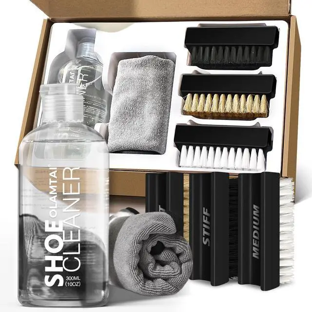 Main image of Shoe Cleaner Kit for Sneakers 10oz with 3 Brushes & Towel | Shoe Cleaning Kit for Suede Canvas PU Fabric Boots, Removes Dirt Stains, Includes 3 Brushes & Microfiber Towel, Clear