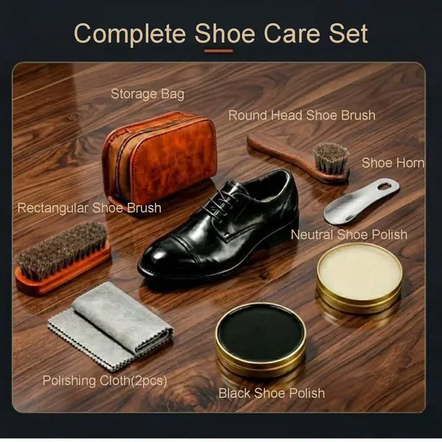 Alt view image 2 of 7 - Shoe Care Kit,includes a Medium Horsehair Shoe Brush, a Long-Handled Round Brush, White Shoe Polish, a Black Shoe Polish, a Polishing Cloth, a Shoe Horn, and a Storage Box.