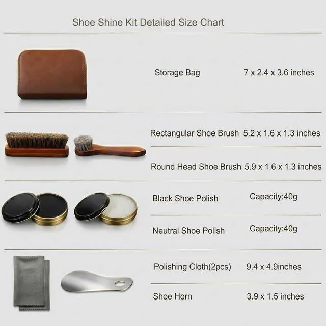 Alt view image 4 of 7 - Shoe Care Kit,includes a Medium Horsehair Shoe Brush, a Long-Handled Round Brush, White Shoe Polish, a Black Shoe Polish, a Polishing Cloth, a Shoe Horn, and a Storage Box.