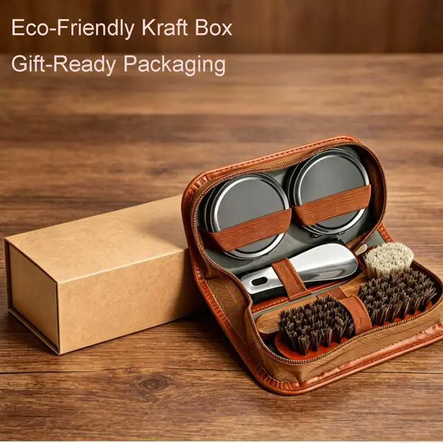 Alt view image 7 of 7 - Shoe Care Kit,includes a Medium Horsehair Shoe Brush, a Long-Handled Round Brush, White Shoe Polish, a Black Shoe Polish, a Polishing Cloth, a Shoe Horn, and a Storage Box.