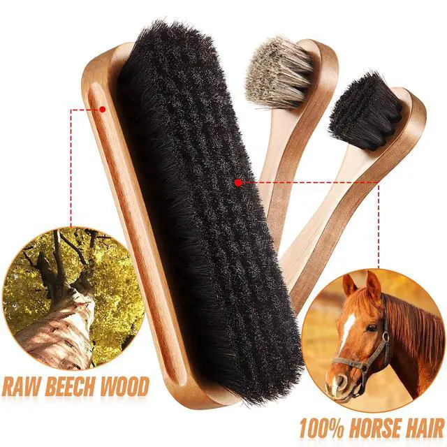 Alt view image 2 of 6 - 4 Pcs Horsehair Shine Shoes Brush Kit Polish Dauber Applicators Cleaning Leather Shoes Boots Care Brushes Suede Cleaner Brush with Microfiber Shoe Cloth(4 Pcs Style B)