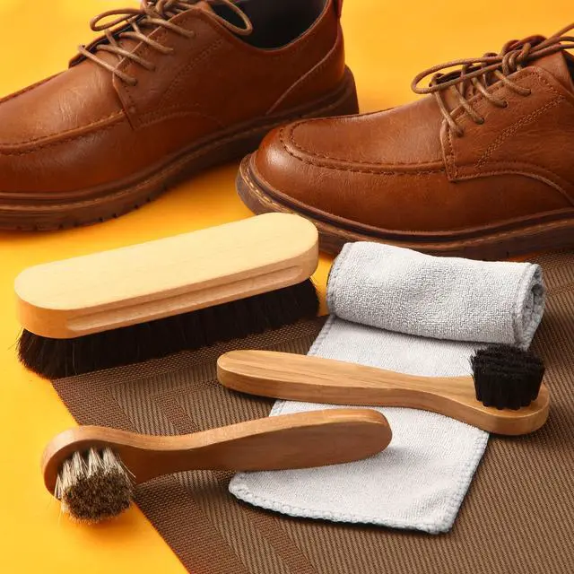 Alt view image 4 of 6 - 4 Pcs Horsehair Shine Shoes Brush Kit Polish Dauber Applicators Cleaning Leather Shoes Boots Care Brushes Suede Cleaner Brush with Microfiber Shoe Cloth(4 Pcs Style B)