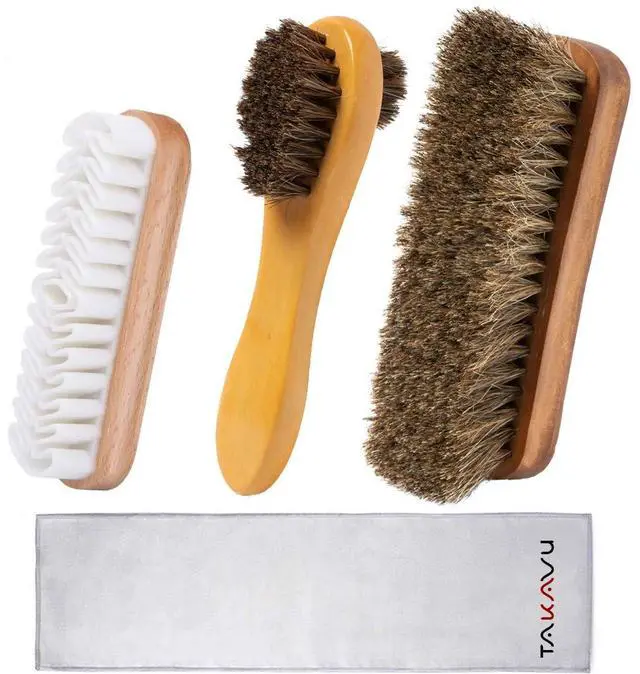 Main image of Shoe Shine Kit 4pcs, 100% Horse Hair, Polish & Crepe Suede Brush | HorseHair Shoe Cleaning Brushes, Polish Applicator Dauber & Buffing Cloth, Leather Care for Boots, Dress Shoes & Bags