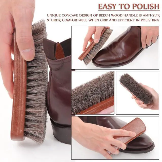 Alt view image 2 of 7 - Shoe Shine Kit 4pcs, 100% Horse Hair, Polish & Crepe Suede Brush | HorseHair Shoe Cleaning Brushes, Polish Applicator Dauber & Buffing Cloth, Leather Care for Boots, Dress Shoes & Bags