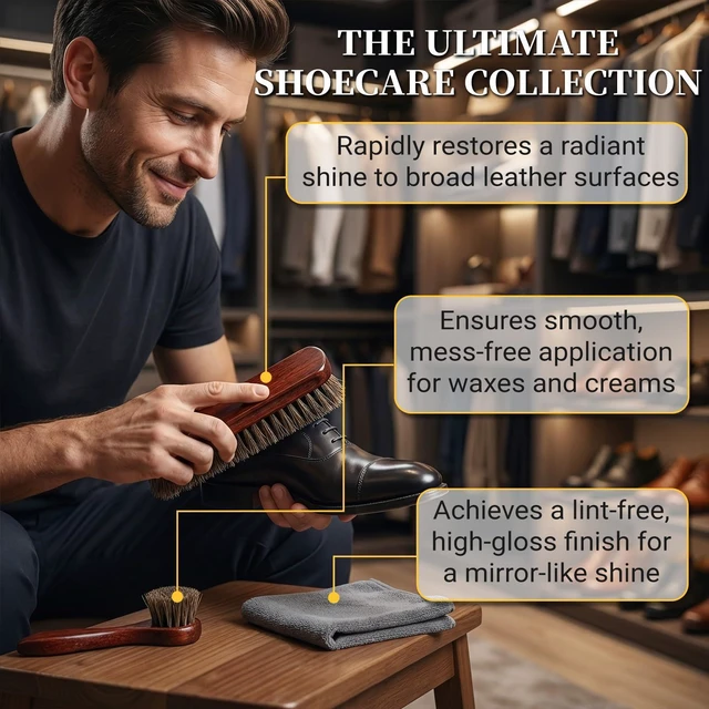 Alt view image 5 of 7 - 3PCS 100% Horse Hair Shoe Brush Set for Leather Boots Horsehair Brush for Polishing Cleaning Buffing Professional Shoe Shine Kit for Men Suede Boot Care Conditioner Accessories Tool