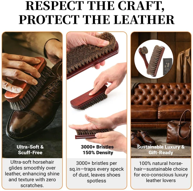 Alt view image 4 of 7 - 3PCS 100% Horse Hair Shoe Brush Set for Leather Boots Horsehair Brush for Polishing Cleaning Buffing Professional Shoe Shine Kit for Men Suede Boot Care Conditioner Accessories Tool