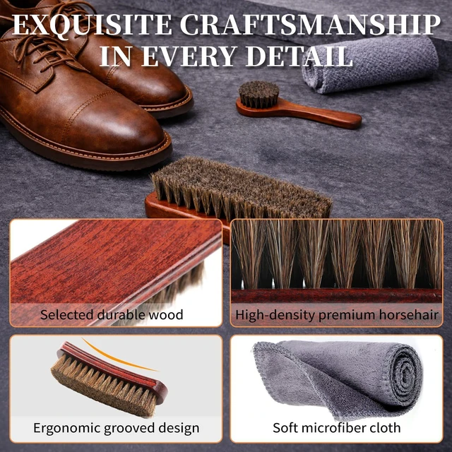 Alt view image 6 of 7 - 3PCS 100% Horse Hair Shoe Brush Set for Leather Boots Horsehair Brush for Polishing Cleaning Buffing Professional Shoe Shine Kit for Men Suede Boot Care Conditioner Accessories Tool