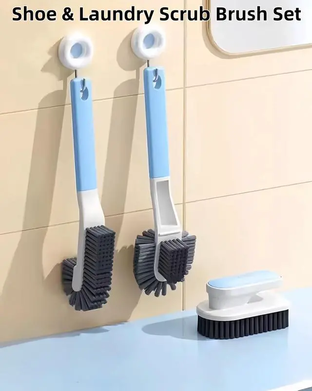 Alt view image 3 of 7 - Cleaning Scrub Brush Set Shoe Brush Laundry Brush Scrub Brushes for Stains | 2 Long Handle Shoe Brushes&1 Clothes Brush Ergonomic Handle with Medium Bristles Brush for Sneakers, Footwear,Fabric,Carpet