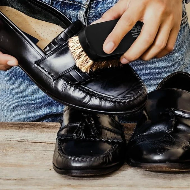 Alt view image 2 of 7 - Premium Horsehair Shoe Polish Brush Handcrafted Beechwood Shoe Brush for Shine and Buffing Luxurious Shoe Shine Brush with Soft Horsehair Bristles (Black/White)