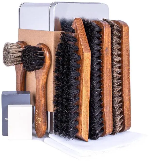 Main image of Advanced Shoe Care Brush Set, Leather Shine & Suede Cleaning Kit | Complete Set with Premium Horsehair Shine Brushes, Suede Eraser, Stiff Cleaning Brush & Cloths in Metal Tin (Made in Germany)