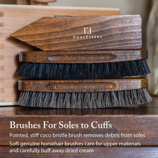 Alt view image 3 of 6 - Advanced Shoe Care Brush Set, Leather Shine & Suede Cleaning Kit | Complete Set with Premium Horsehair Shine Brushes, Suede Eraser, Stiff Cleaning Brush & Cloths in Metal Tin (Made in Germany)