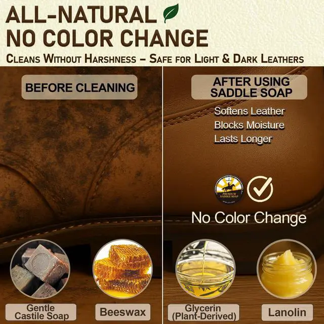 Alt view image 3 of 7 - Saddle Soap for Leather All-Natural 3-in-1 Leather Cleaner & Conditioner Kit with Horsehair Brush & Cloth For Boots, Bags, Saddles, Car Interiors, Shoes 3.52oz