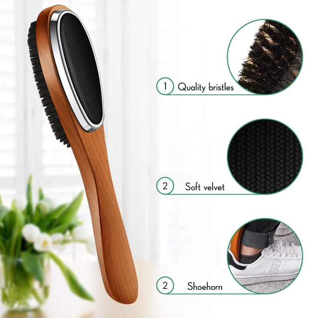 Alt view image 3 of 7 - 2 Pieces 3 in 1 Lint Cloth Brush Double Sided Garment Brush Lint Remover | Shoe Horn Beech Wood Handle for Clothes Wool Coat Couch Pet Hair, Random Color
