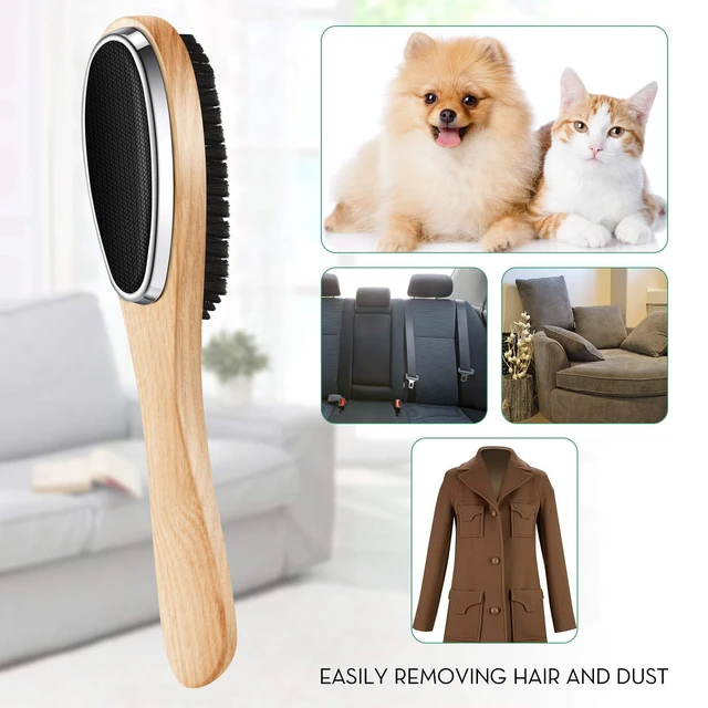 Alt view image 5 of 7 - 2 Pieces 3 in 1 Lint Cloth Brush Double Sided Garment Brush Lint Remover | Shoe Horn Beech Wood Handle for Clothes Wool Coat Couch Pet Hair, Random Color
