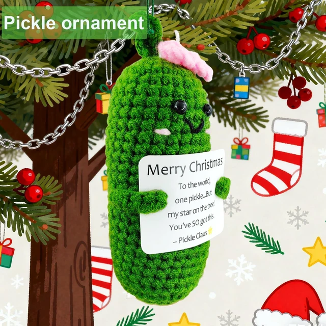 Alt view image 2 of 5 - Handmade Crochet Merry Christmas Pickle Gift,Funny Festival Wishes Pickle Ornament with Encouragement Cards, Cute Knitted Crochet Dolls for Friends and Family
