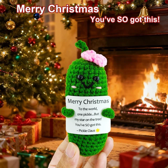 Alt view image 3 of 5 - Handmade Crochet Merry Christmas Pickle Gift,Funny Festival Wishes Pickle Ornament with Encouragement Cards, Cute Knitted Crochet Dolls for Friends and Family